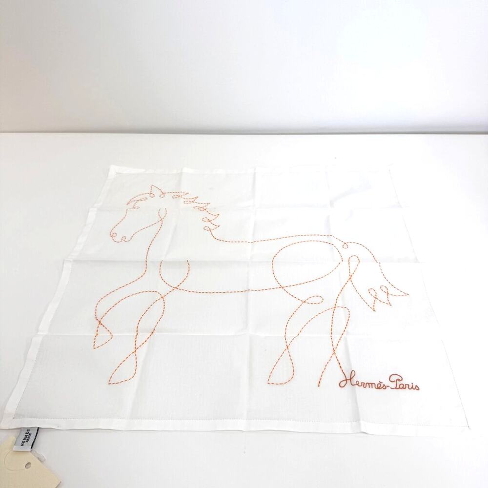 HERMES White Cotton Handkerchief with Orange Embroidered Horse Motif NEW Scarf - Picture 1 of 5